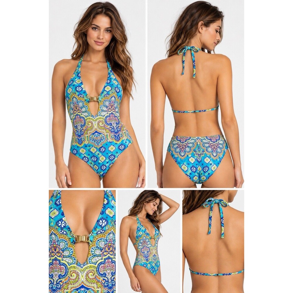 Trina Turk Corsica One Piece Swimsuit Size 10 NWT $152 Turquoise Halter